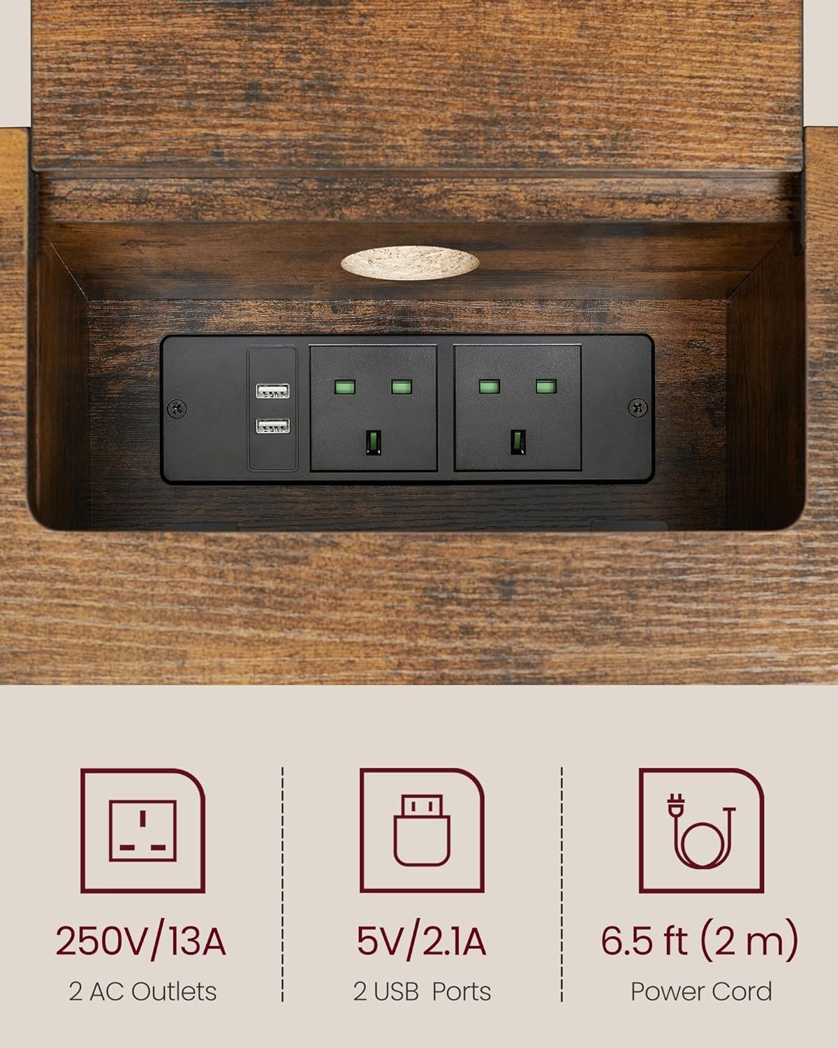 Slim Console Table with Charging Station, USB Ports, Rustic Brown, 120cm