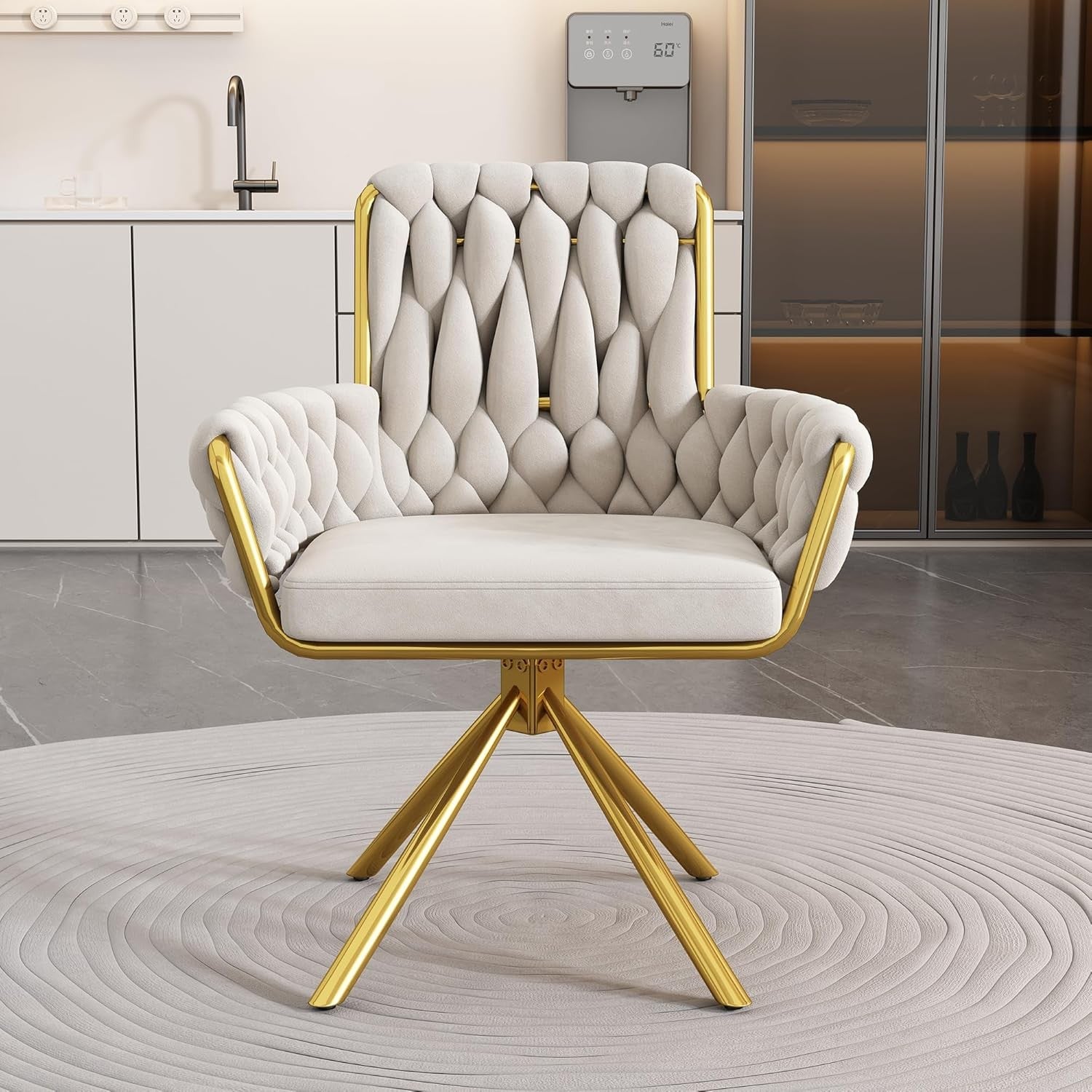 Swivel Dining Chair 360° Armchair Beige Upholstered Metal Legs
