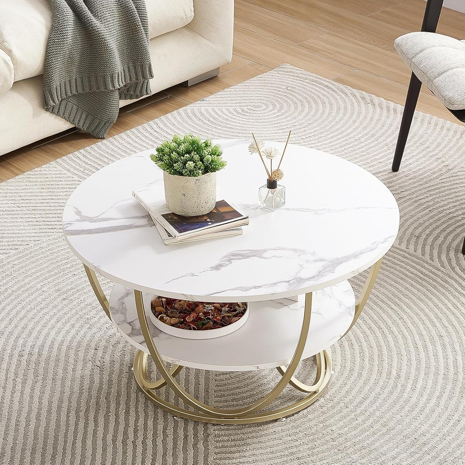 Modern Round Coffee Table White Marble 2-Tier Gold Frame 76x76cm Storage