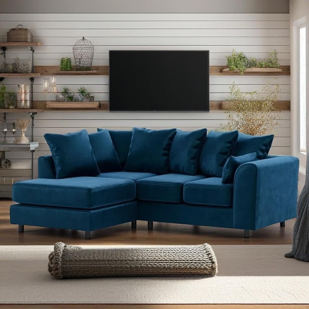 Modern Blue Plush Velvet 4 Seater L Shape Sofa - Comfy Modular Corner Couch