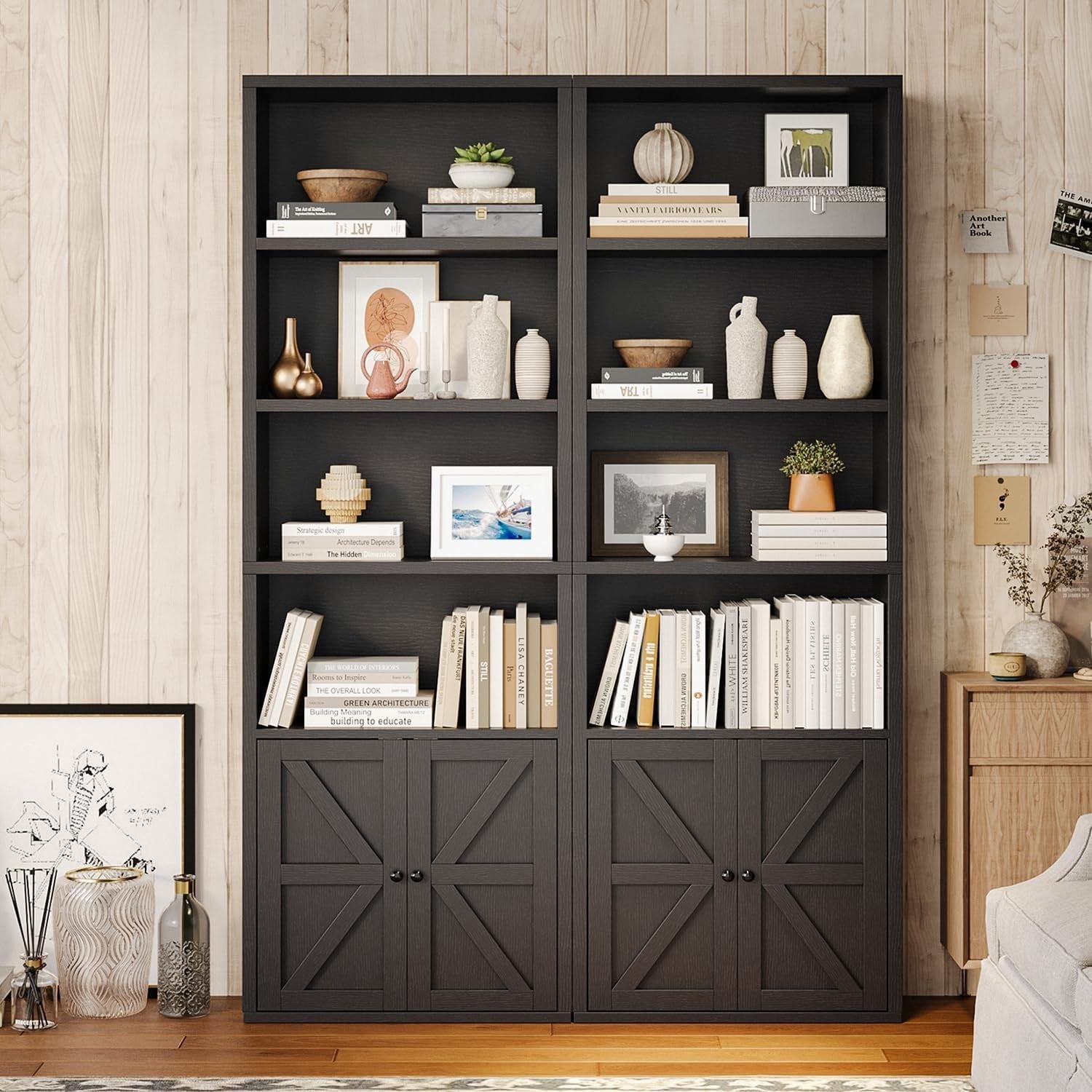 Tall Black 6-Tier Bookcase with Cabinet Doors Modern Storage & Display Unit 181
