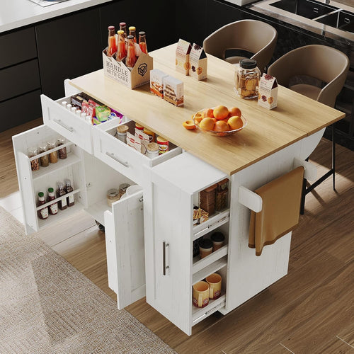 Rolling Kitchen Island Trolley with Drop Leaf, Storage, Drawers & Wheels White