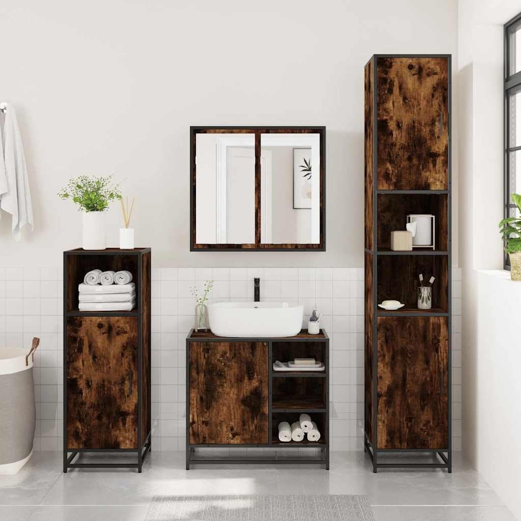 Smoked Oak Under Sink Bathroom Cabinet – Rustic Wood Storage Unit 65cm Modern