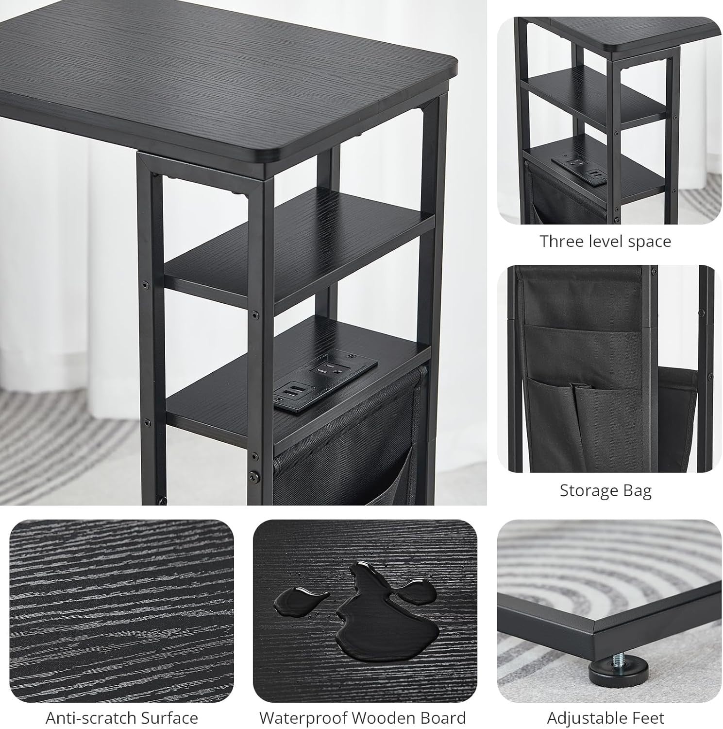 C-Shaped End Table with Charging Station, Storage & Slim 3-Tier Design