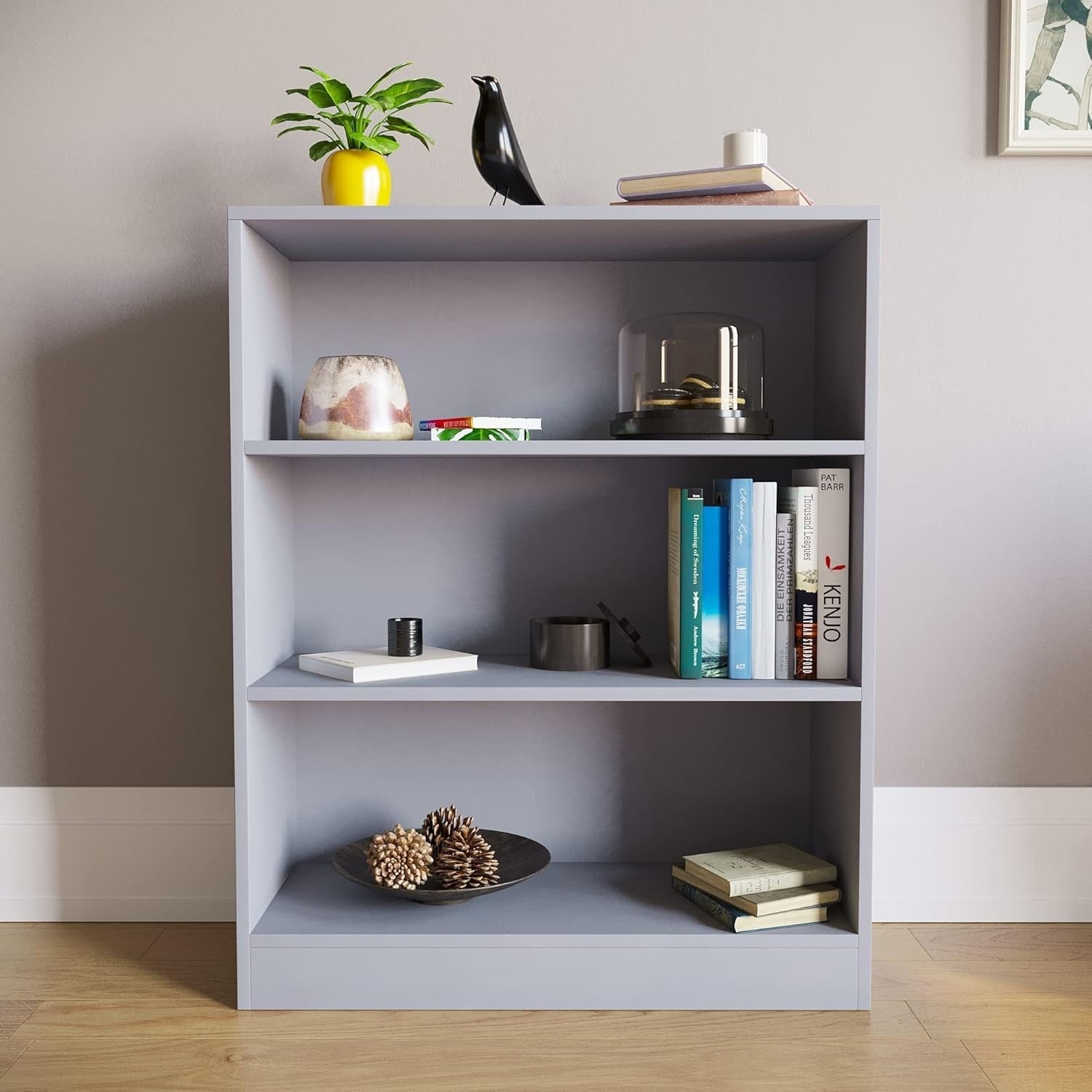 3 Tier Grey Wooden Bookcase Modern Storage Display Shelf for Living Room Low
