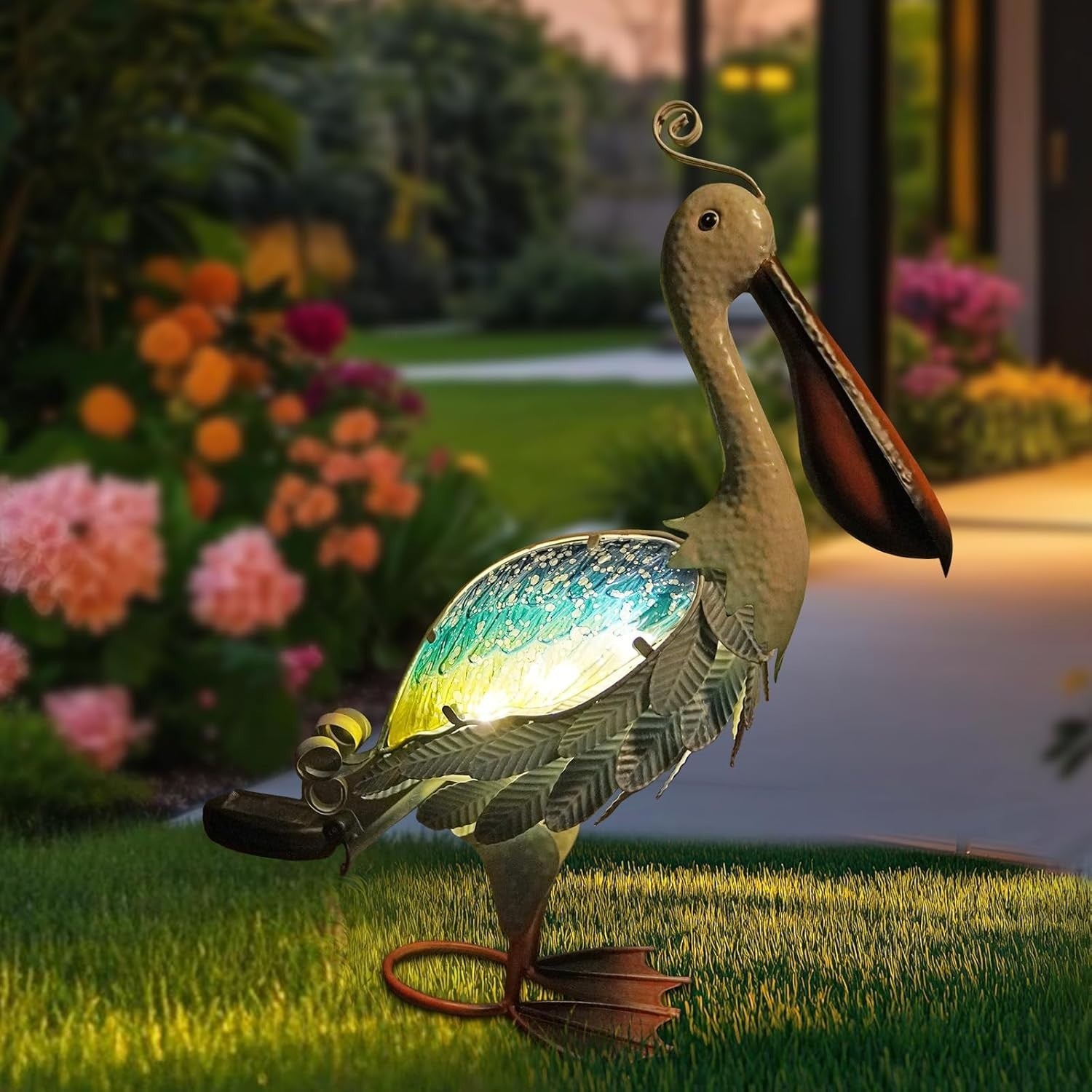 Solar Metal Pelican Garden Ornament LED Light Outdoor Coastal Decor 19"