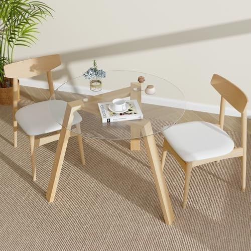 Round Glass Dining Table 90cm Natural Rubber Wood Frame Modern