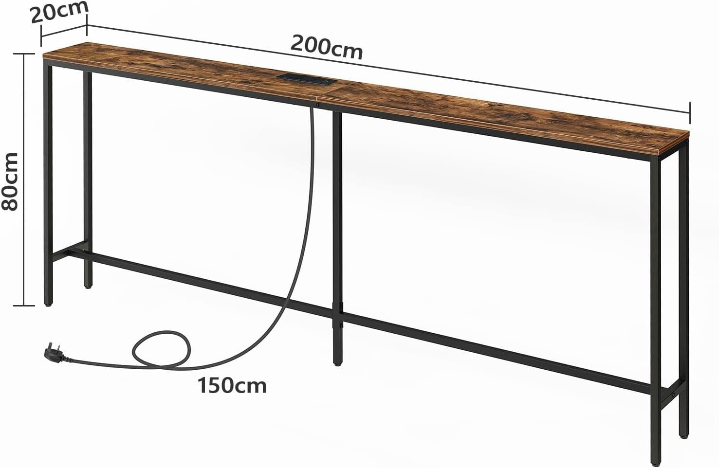 Rustic 200cm Slim Console Table with USB & Power, Ideal for Hallway/Sofa