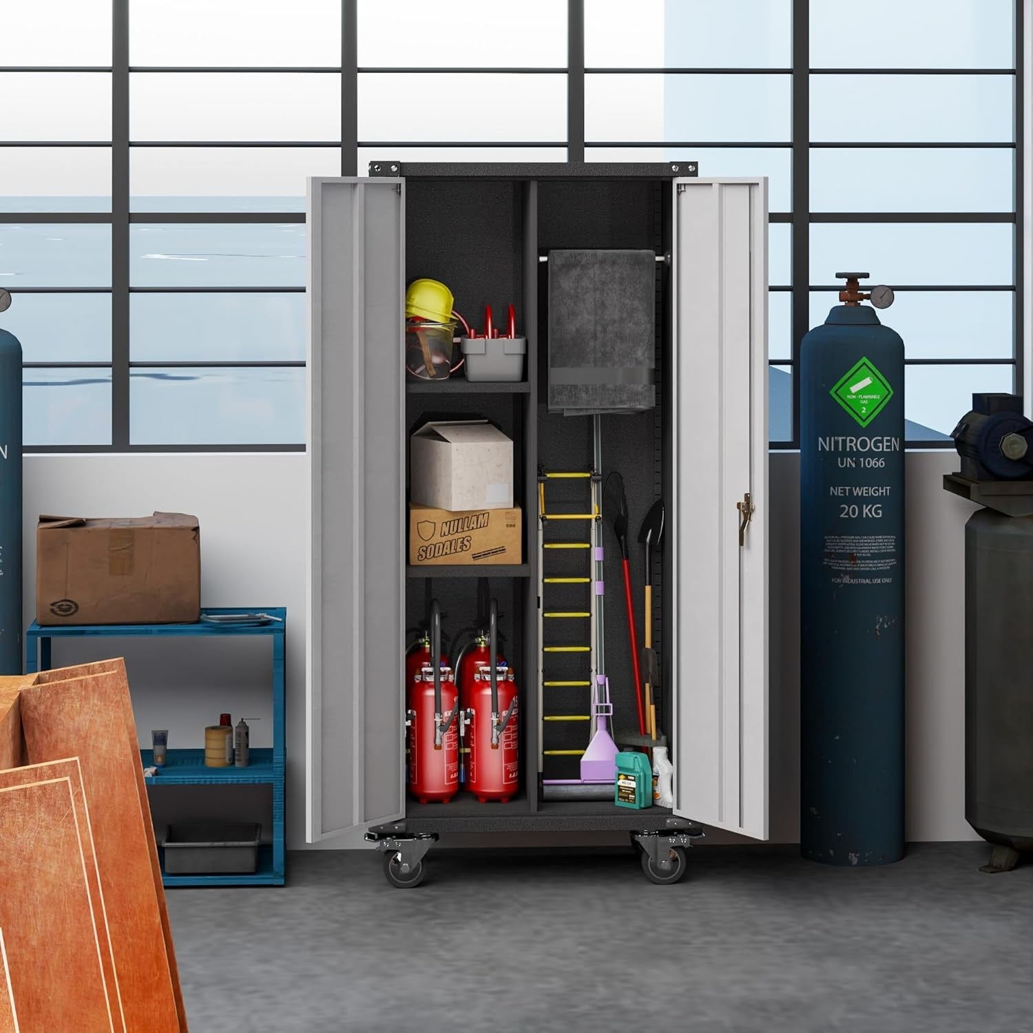 Tall Metal Storage Cabinet 180cm Lockable Doors Shelves Wheels Broom Closet