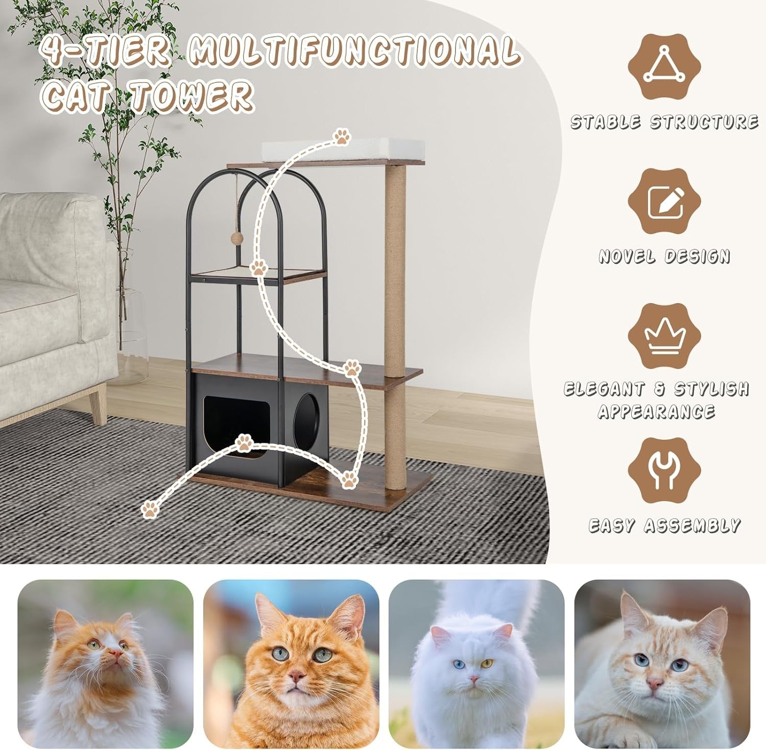 Tall Cat Tree 4 Tier Indoor Cat Tower with Condo Scratching Modern