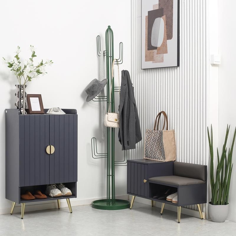 Grey Shoe Storage Bench with Cushion, Compact Hallway Entryway Cabinet