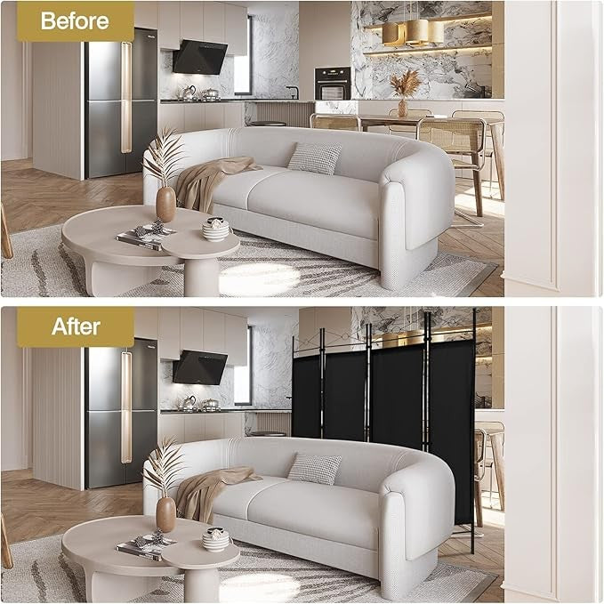 4 Panel Folding Room Divider – Black Privacy Screen with Steel Frame for Bedroom