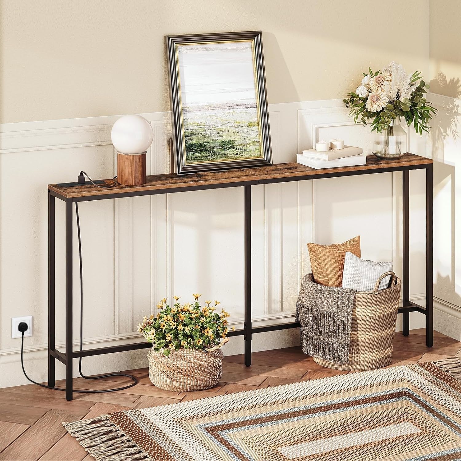 Console Table with Power Outlet USB Ports, Narrow Sofa Table 160cm