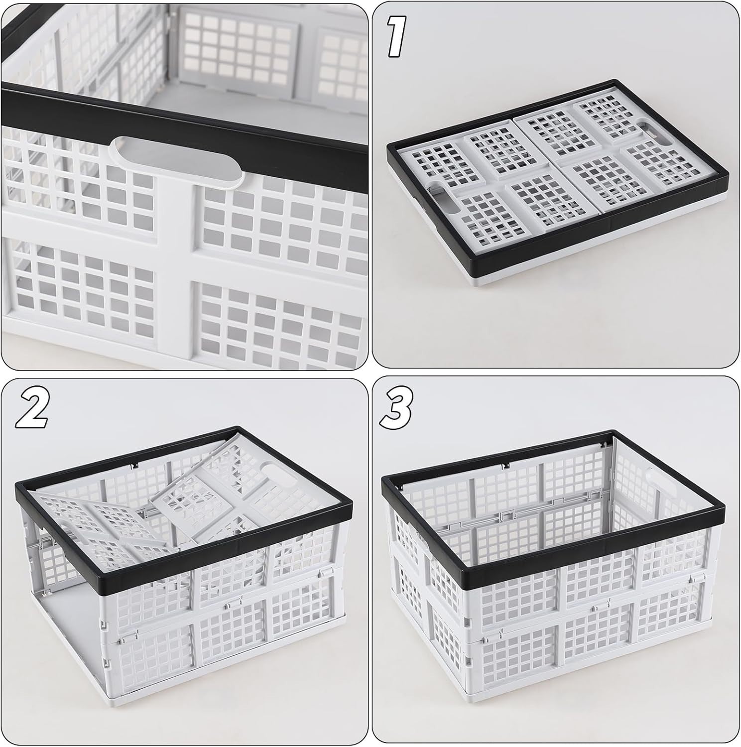 Foldable Plastic Storage Crates 44x33.5x23cm – Collapsible Stackable Bins White