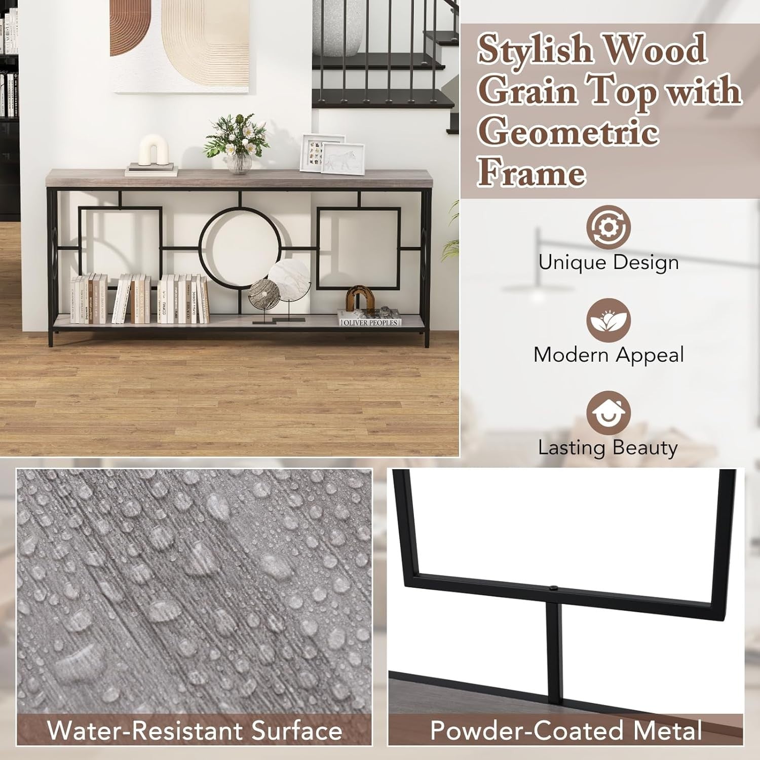 Slim 2-Tier Console Table with Storage Shelf & Wood Grain Top, Black Frame