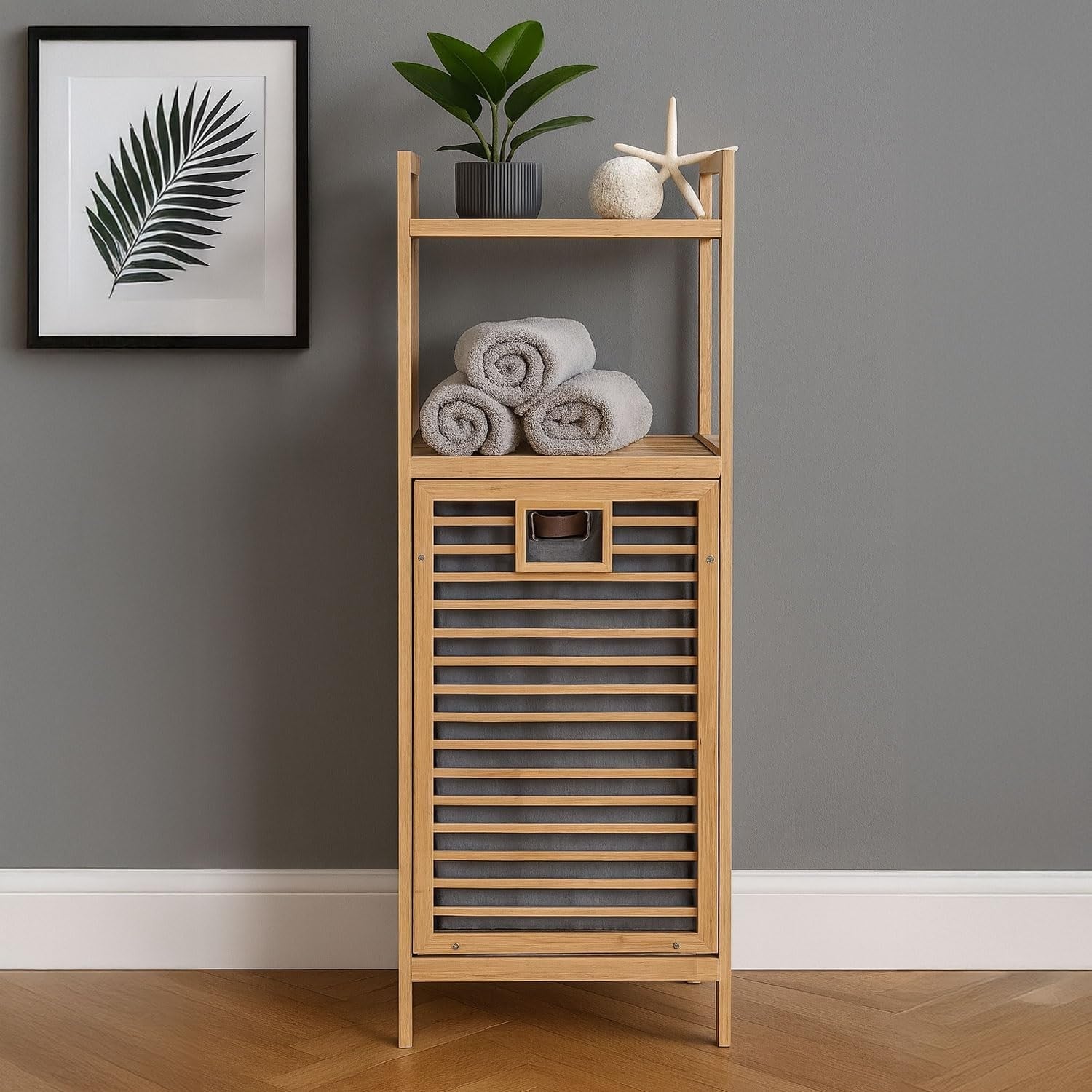 Bamboo Laundry Hamper Tilt Out Basket with Shelves Bathroom Storage Unit Descri