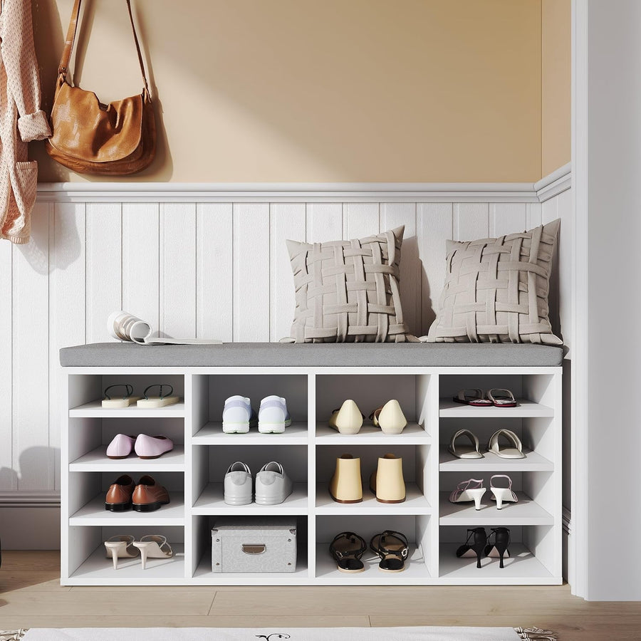 White Shoe Storage Bench with Padded Seat, 14 Compartments, Adjustable Shelves