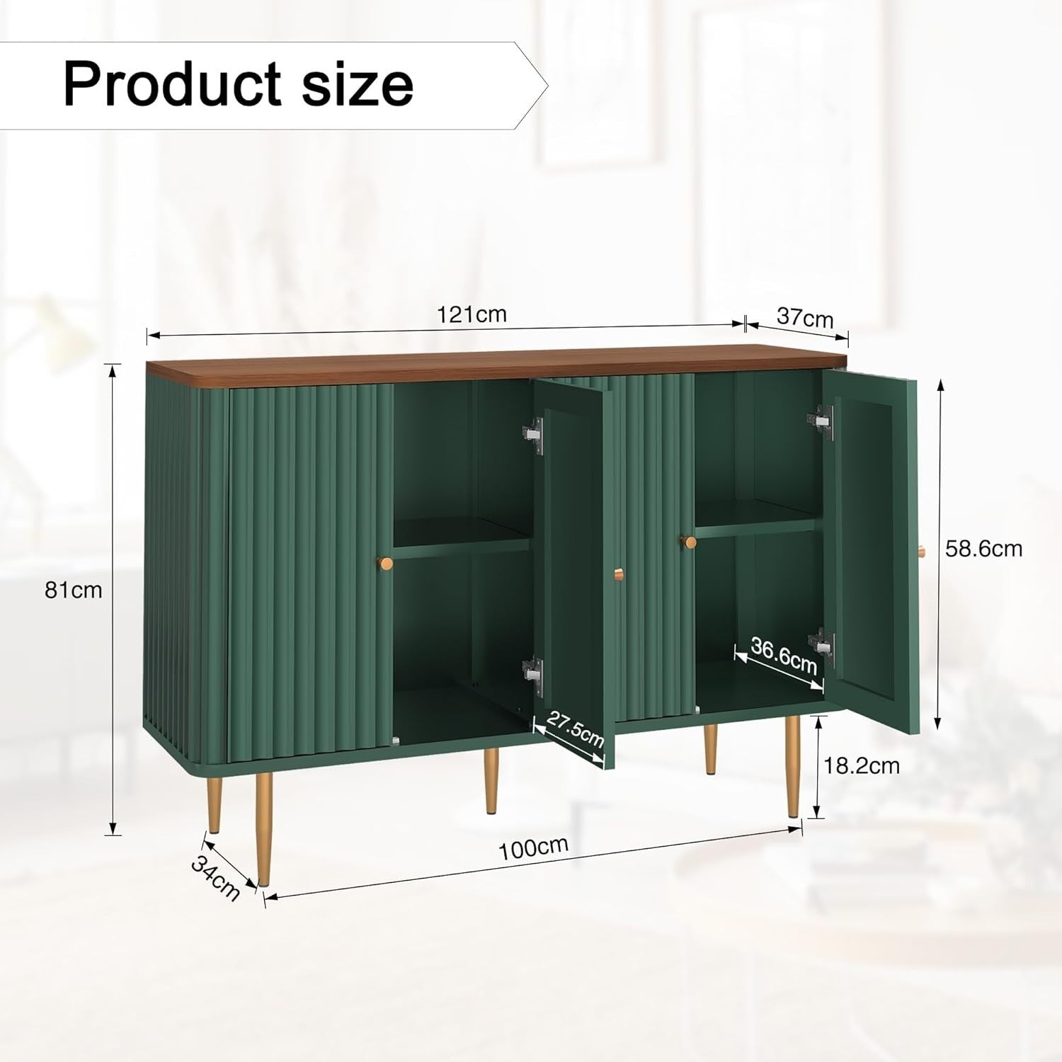 Modern 4-Door Sideboard Buffet Cabinet with Removable Shelves & Gold Legs
