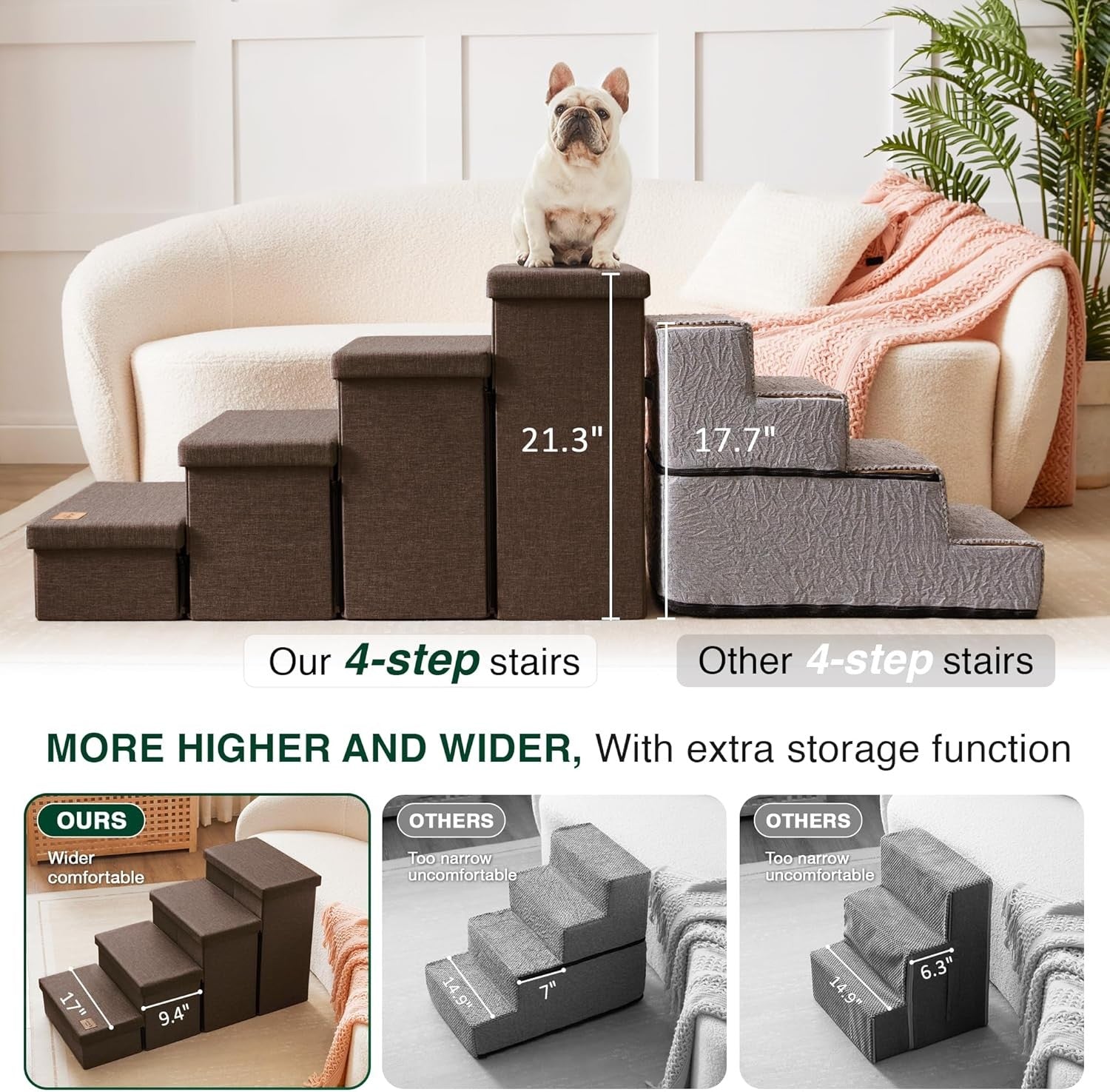 Dog Stairs 4 Step with Storage Foldable Pet Steps Coffee 200lb