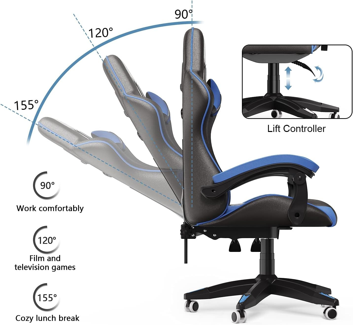 Ergonomic Gaming Chair Blue PU Leather Adjustable Office Chair