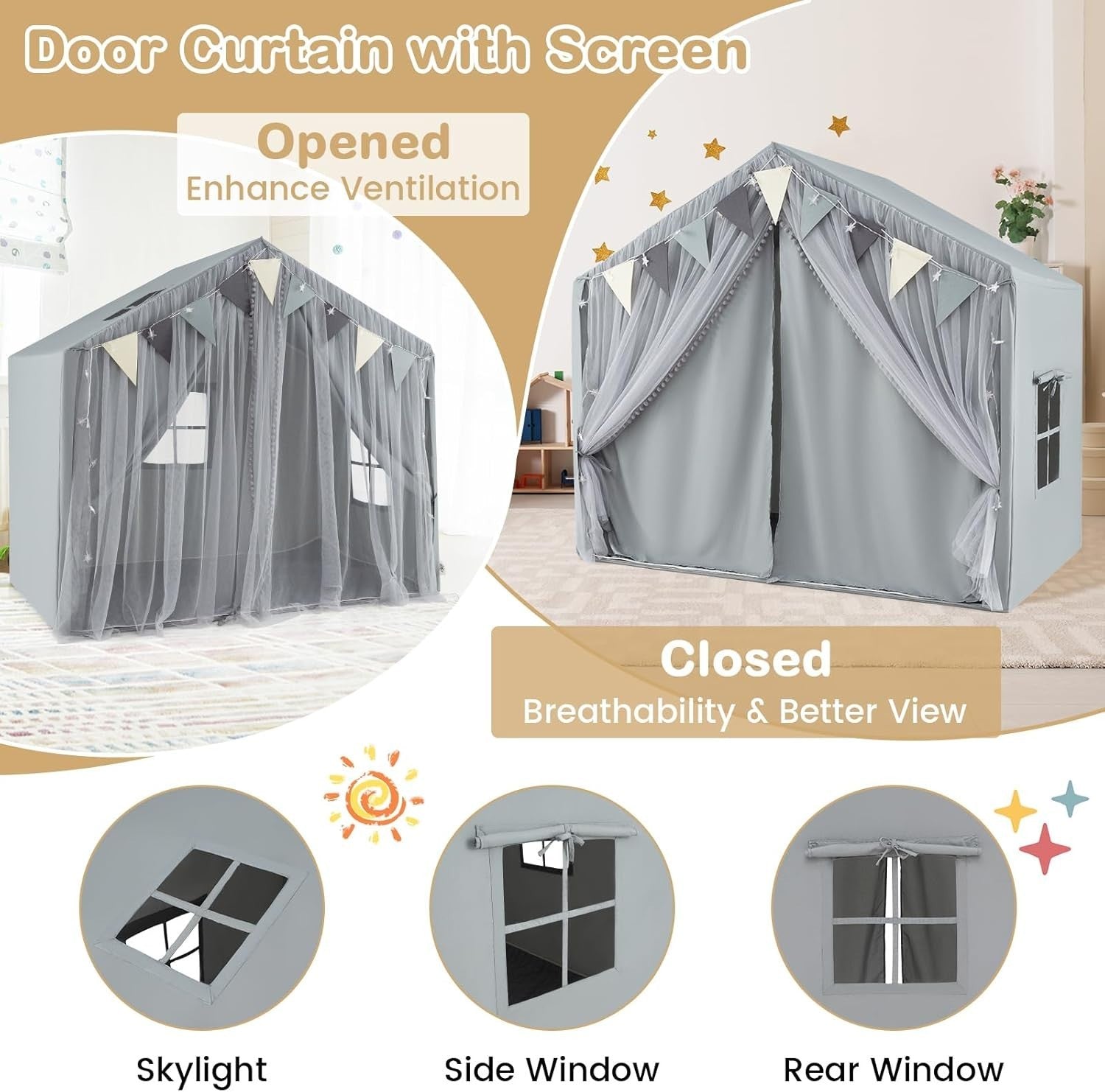 Grey Kids Fairy Castle Tent Indoor Outdoor Playhouse w Lights Mat