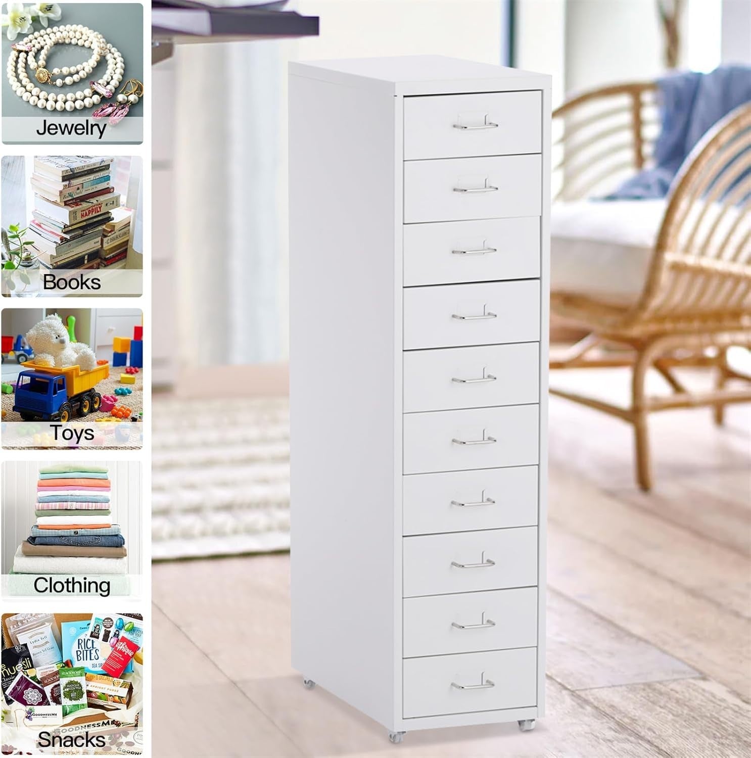 Silver White Mobile Filing Cabinet 8 Drawer 109cm Rolling Office