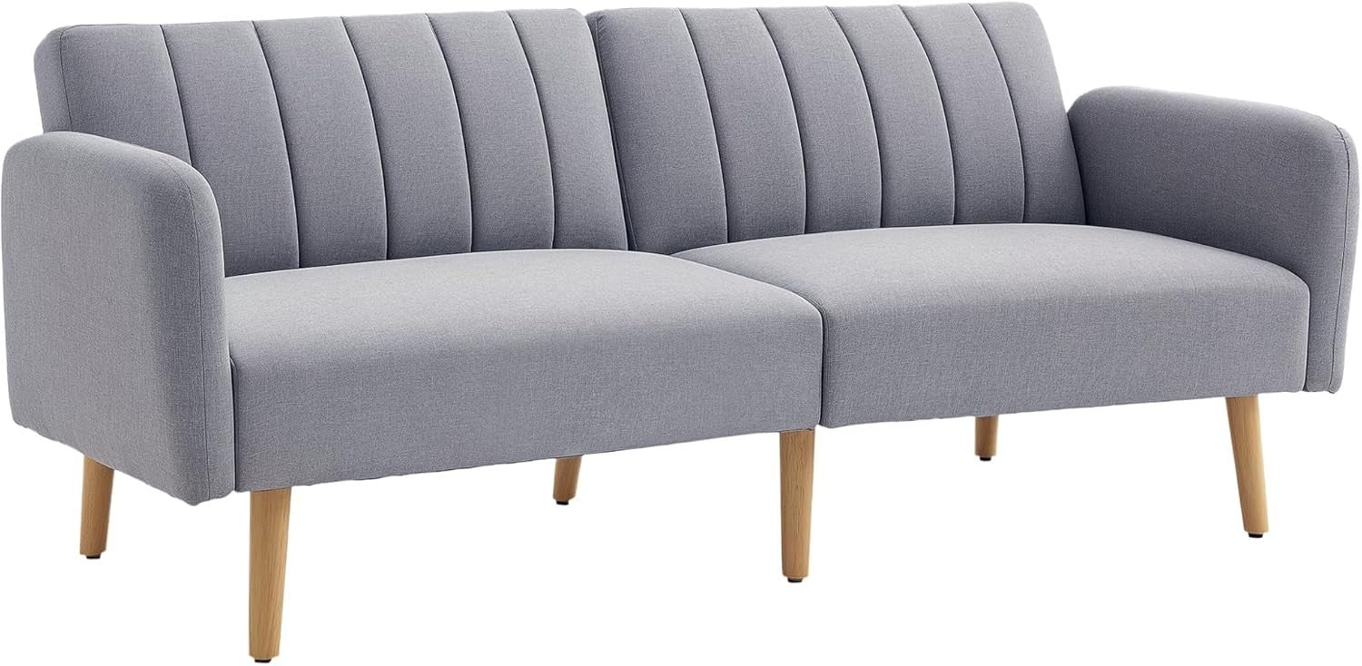 2-Seater Click Clack Sofa Bed Light Grey Linen Split Back Guest Couch Small Room