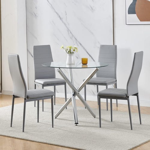 Modern Round Glass Dining Table Set with 4 Grey Leather Chairs Small Space