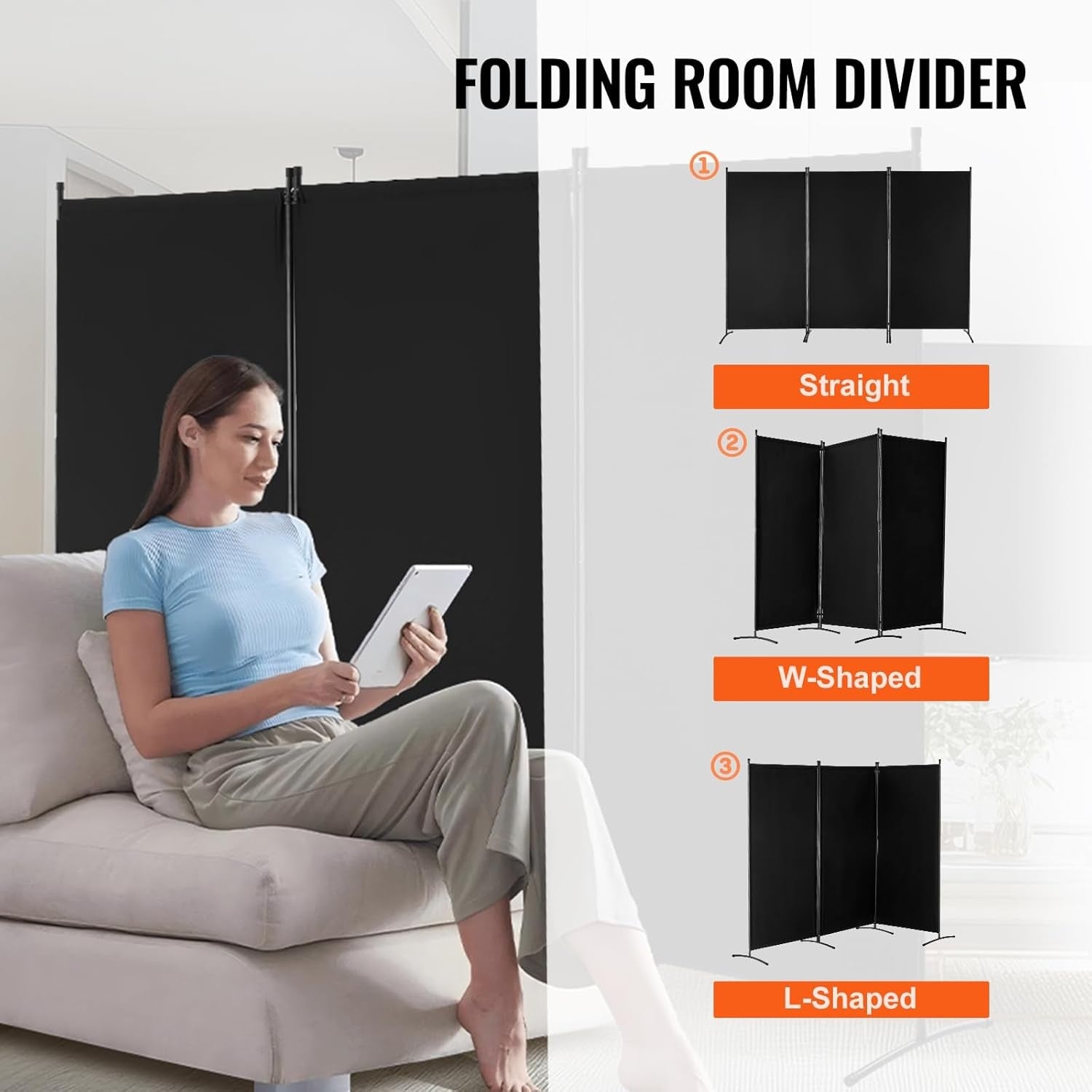 3 Panel Folding Room Divider Black Privacy Screen Freestanding 258x181cm