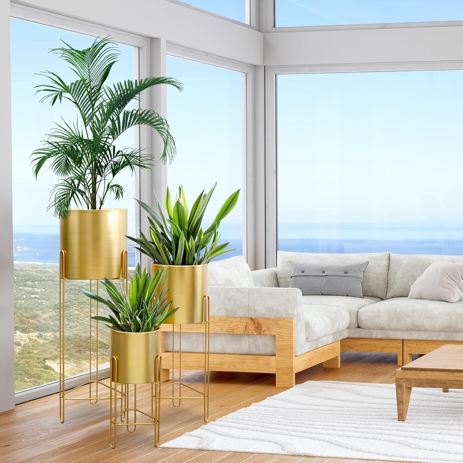 Set of 3 Gold Metal Plant Stands with Pots Modern Tall Indoor Decorative Planter