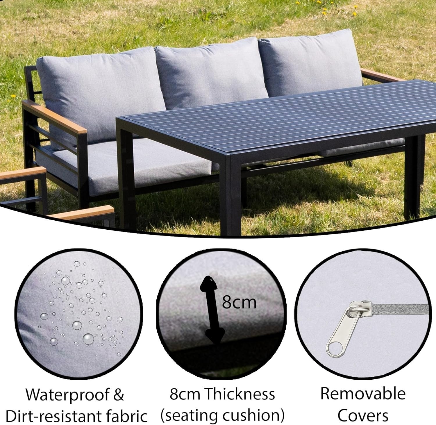 6 Seat Garden Furniture Set Black Aluminium Grey Cushions Dining Patio