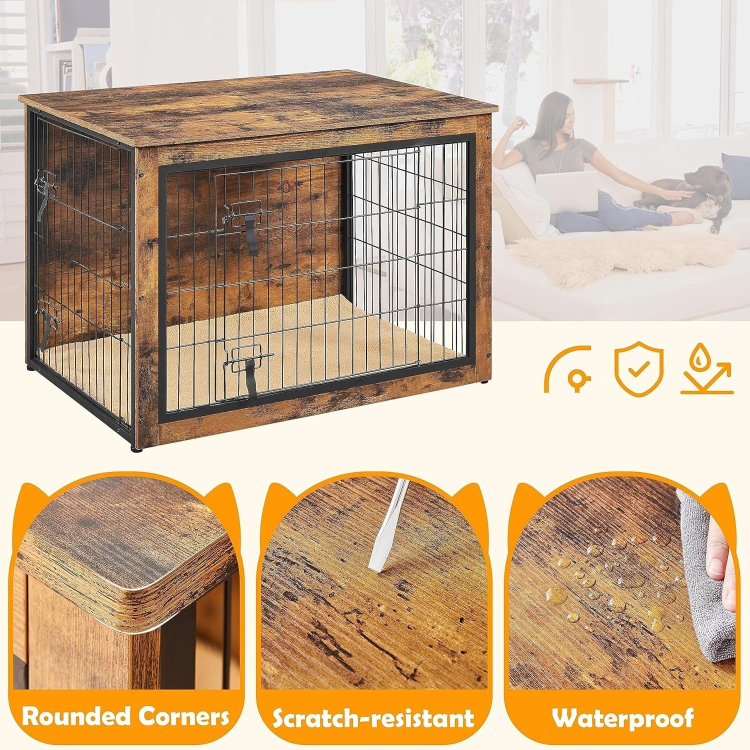 Large Rustic Brown Dog Crate Furniture with Cushion & Double Lock Doors 102x71x7