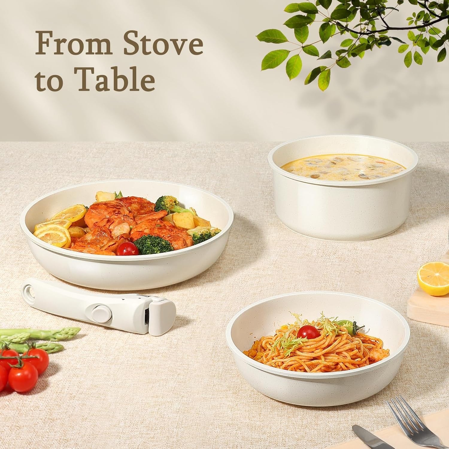 8pcs White Ceramic Non Stick Induction Cookware Set with Detachable Handle