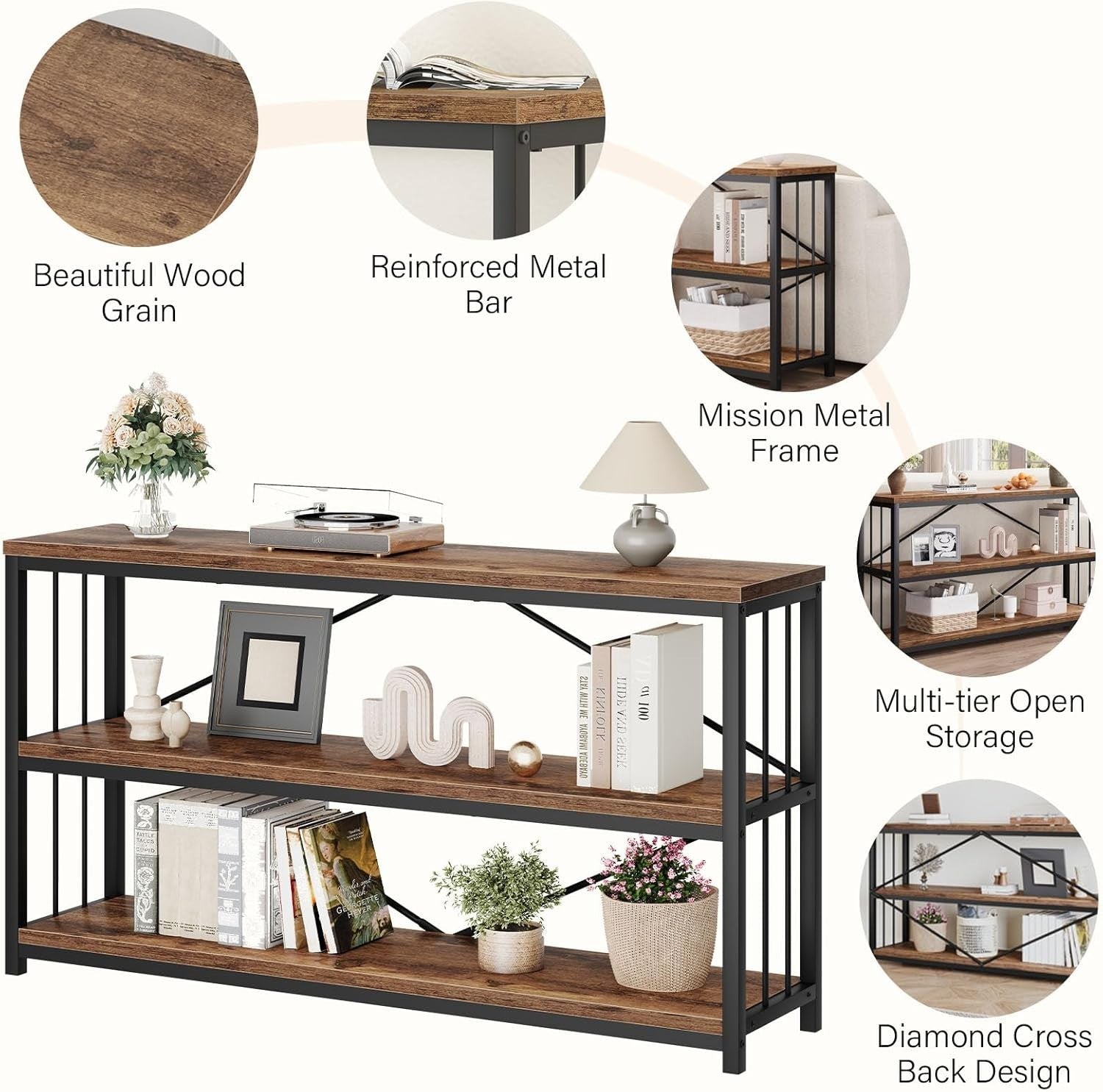 Rustic Industrial Console Table 3 Tier Storage Shelf 140x34x74cm