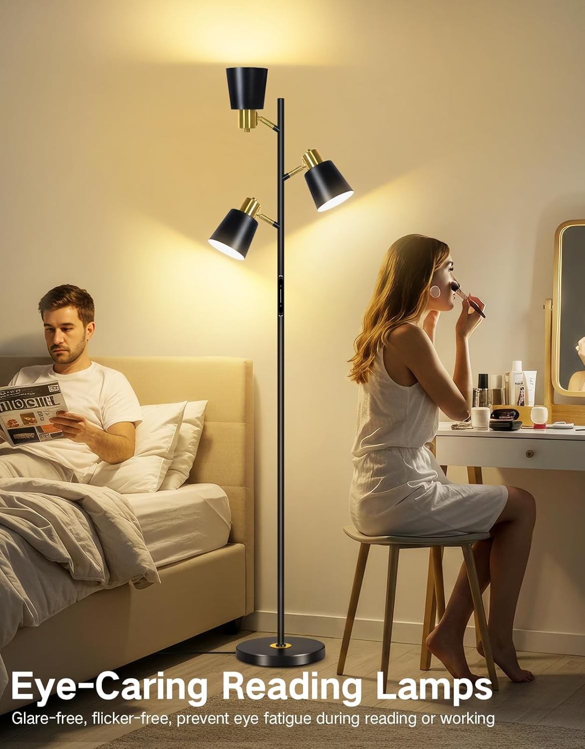 LED Tree Floor Lamp Dimmable Remote Touch 3 Head Adjustable Modern Light