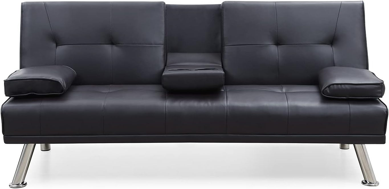 Black Leather 2 Seater Sofa Bed with Cup Holders & Storage, Compact