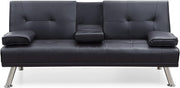 Black Leather 2 Seater Sofa Bed with Cup Holders & Storage, Compact