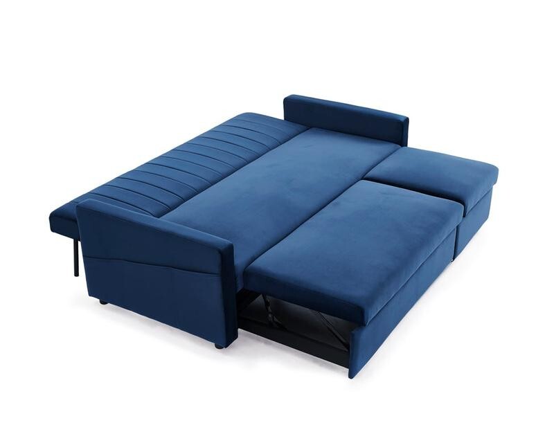 Blue Velvet 3 Seater Sofa Bed Pull Out Storage Chaise Guest Sleeper