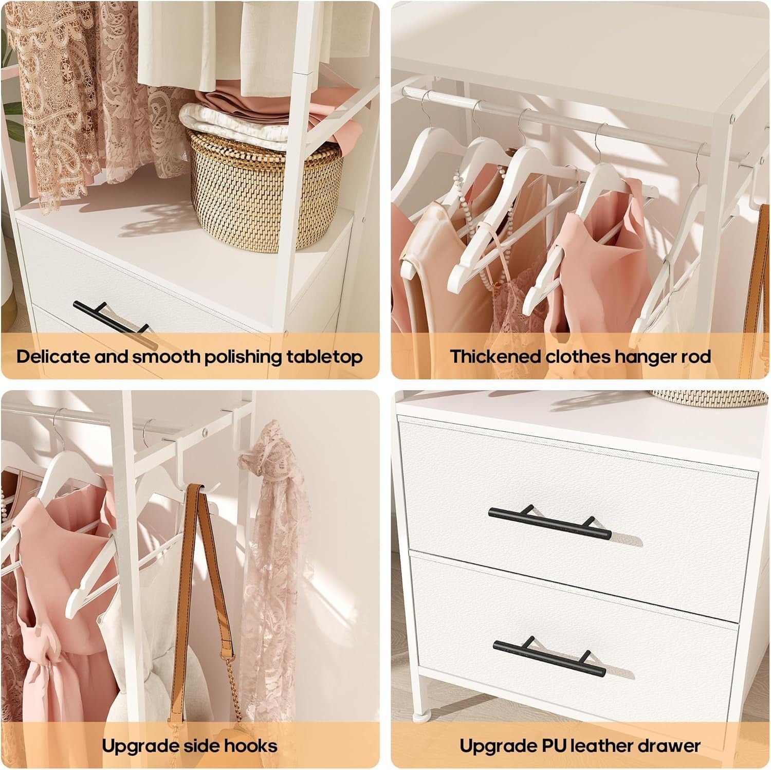 Open Wardrobe Clothes Rail 2 Drawers with Hooks White