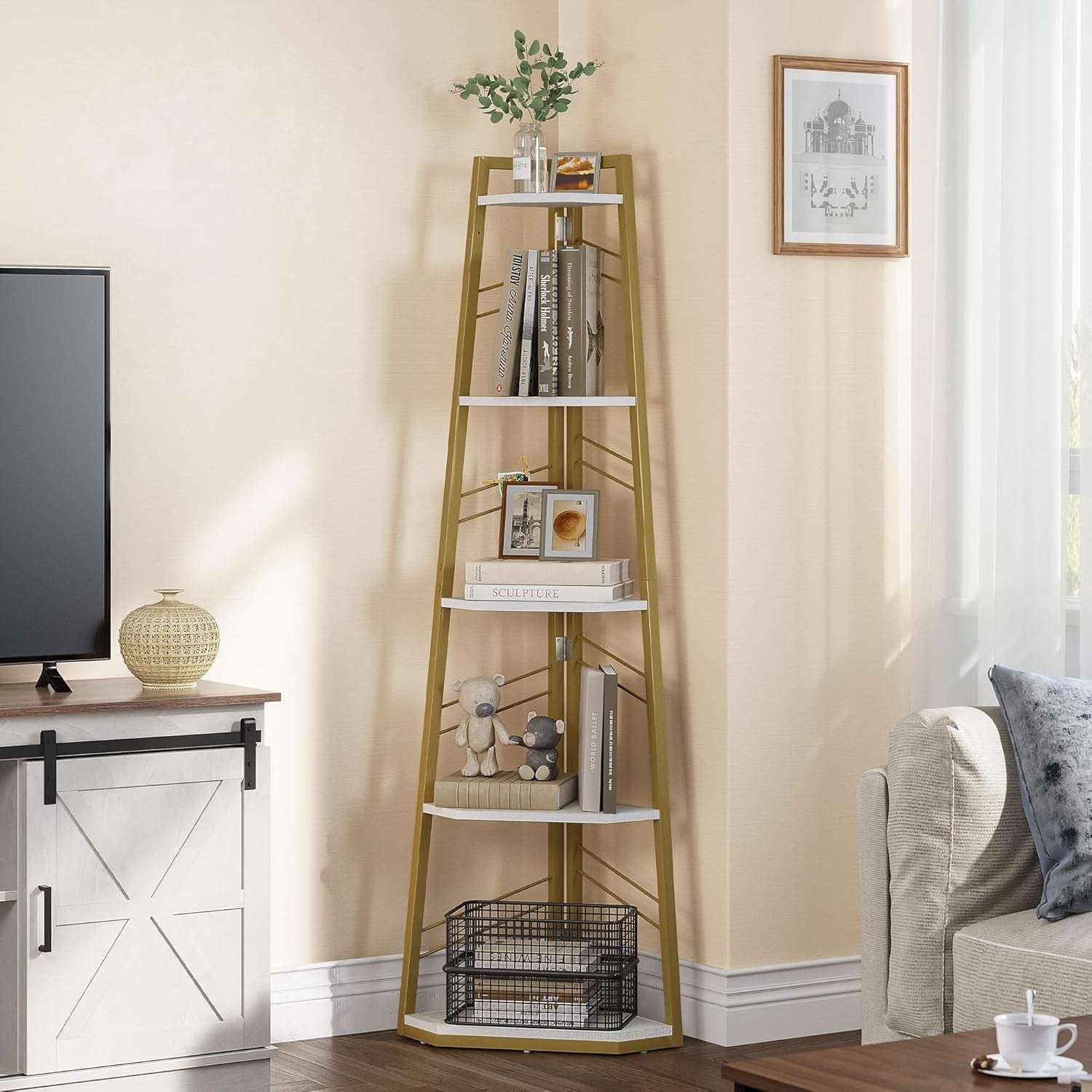 5-Tier Industrial Corner Bookshelf Ladder Unit | Space-Saving Display Shelf
