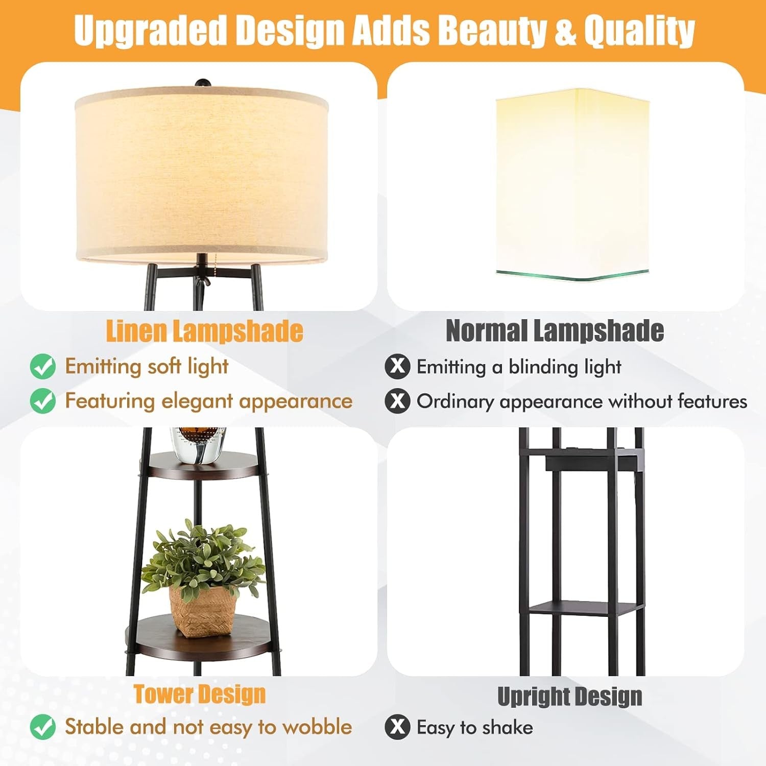 Tripod Floor Lamp with Shelves Wooden Storage Standing Light Linen Shade