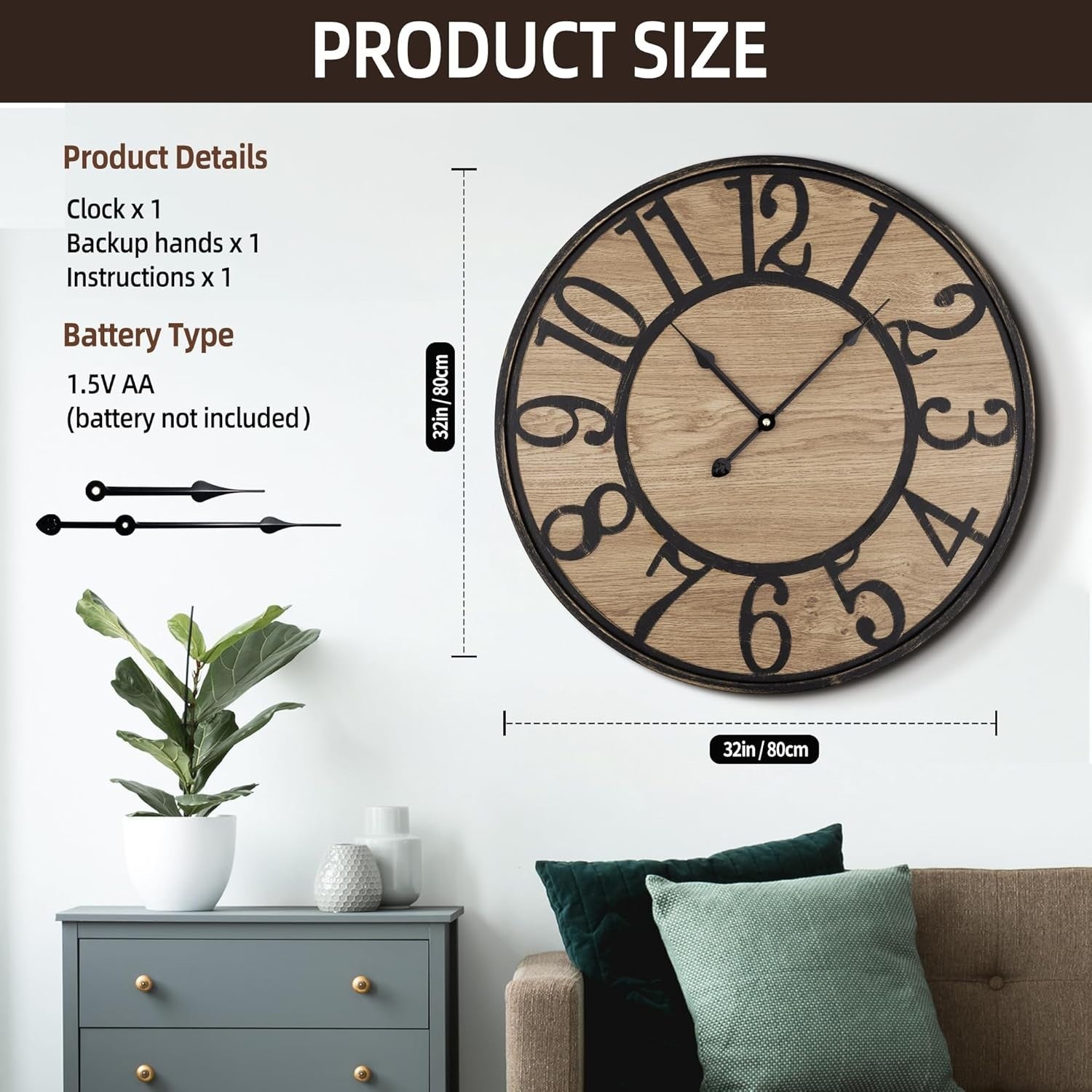 Large 32" Rustic Wall Clock Silent Non-Ticking Bronze Farmhouse Decor