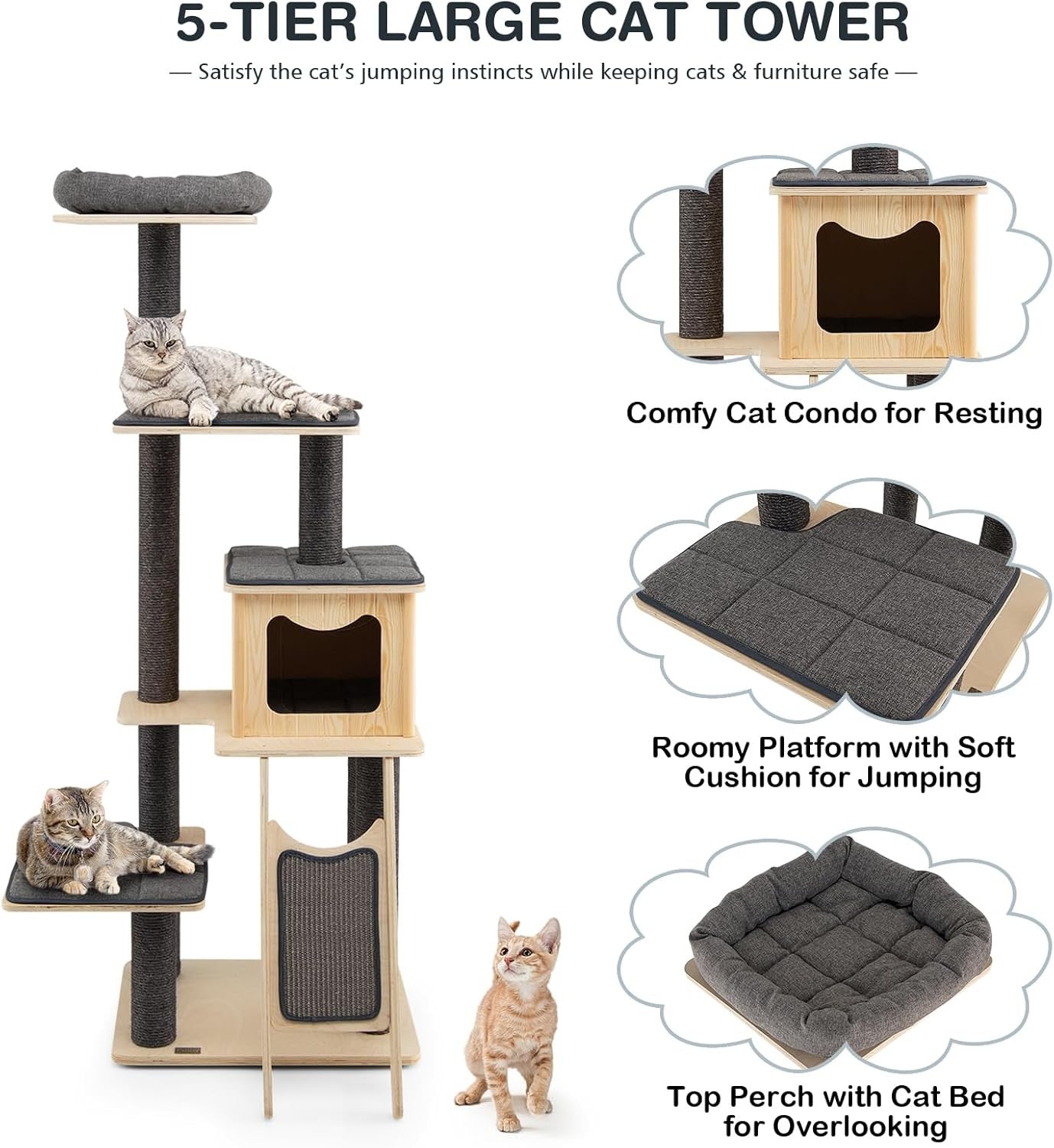 175cm Tall Wooden Cat Tree Multi Level Scratching Tower with Condo & Perch