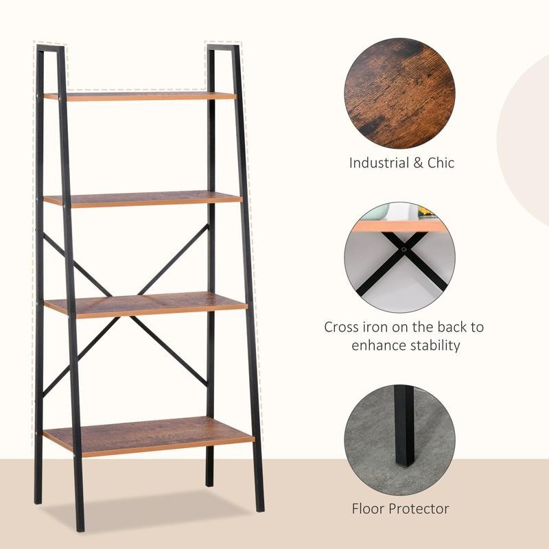 4-Tier Ladder Shelf Bookcase – Industrial Storage Rack in Black & Brown