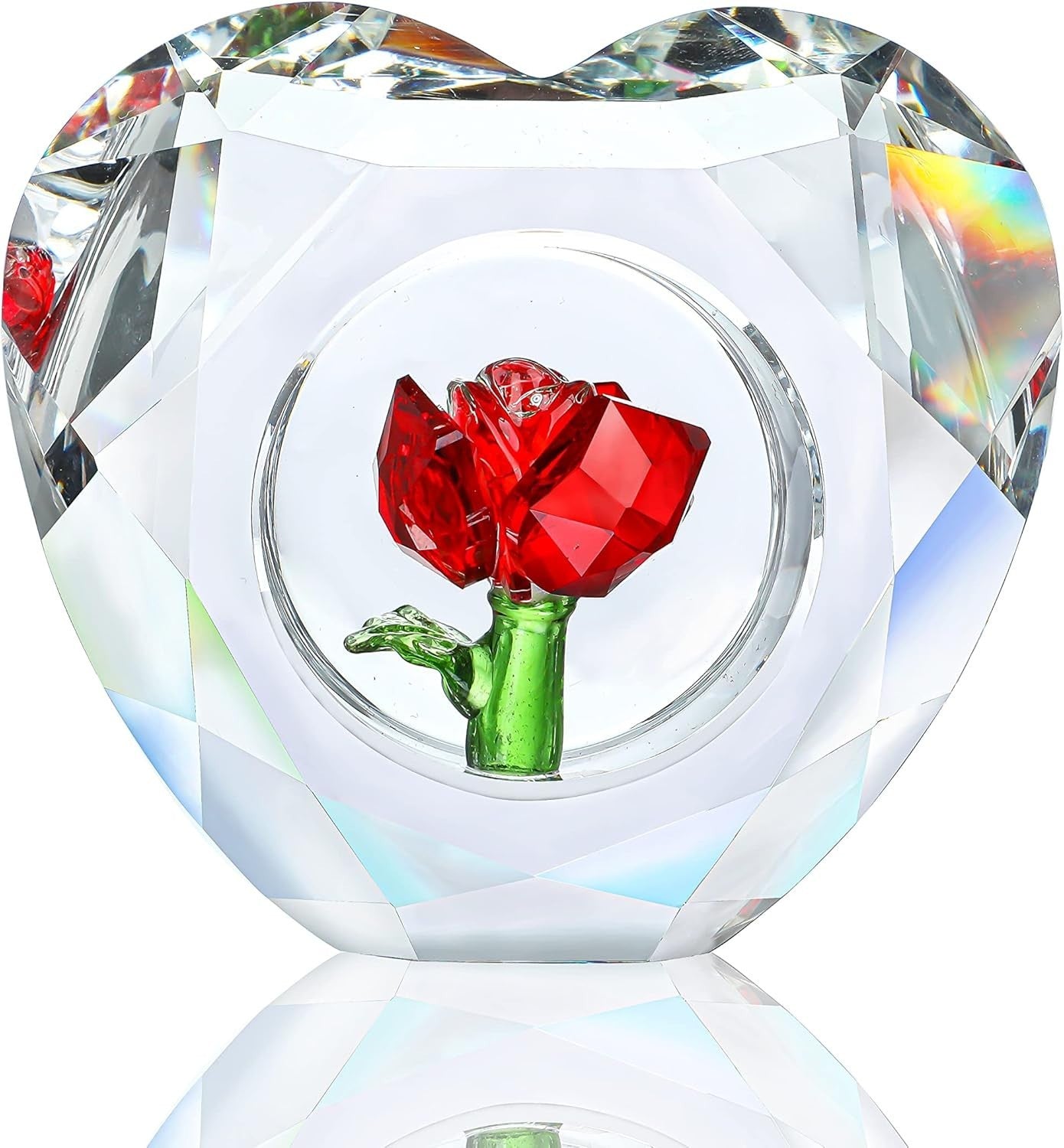 Crystal Red Rose Heart Ornament • K9 Glass Paperweight Gift • Romantic Decor