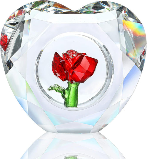 Crystal Red Rose Heart Ornament • K9 Glass Paperweight Gift • Romantic Decor