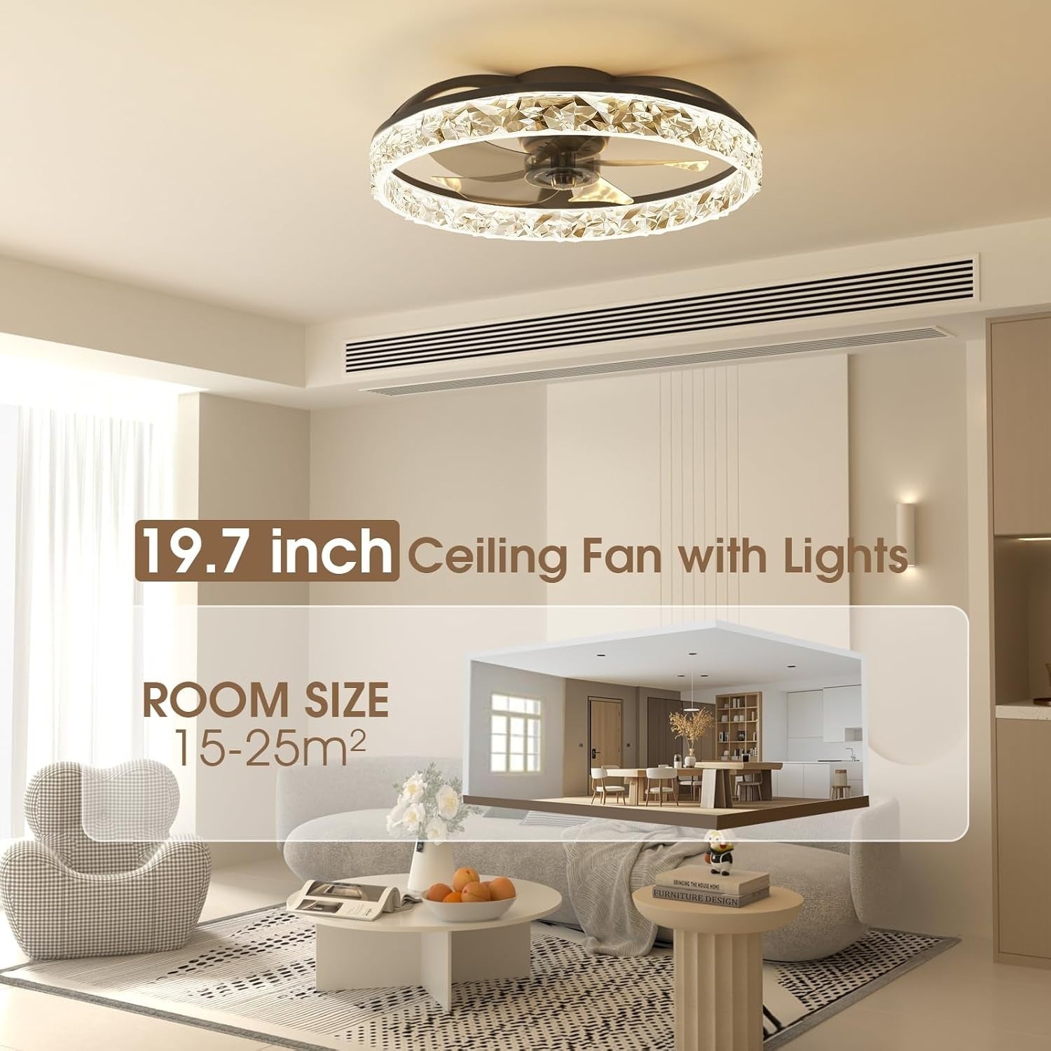 50CM LED Ceiling Fan Light, Remote & App Control, 6 Speeds, Black
