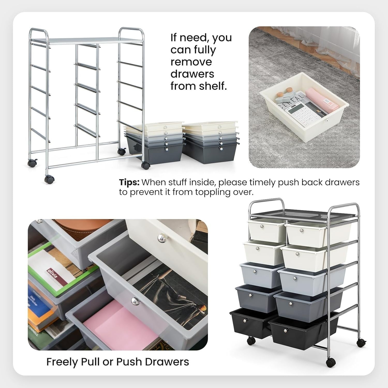 Gradient Grey 10 Drawer Rolling Storage Cart Utility Organizer Trolley