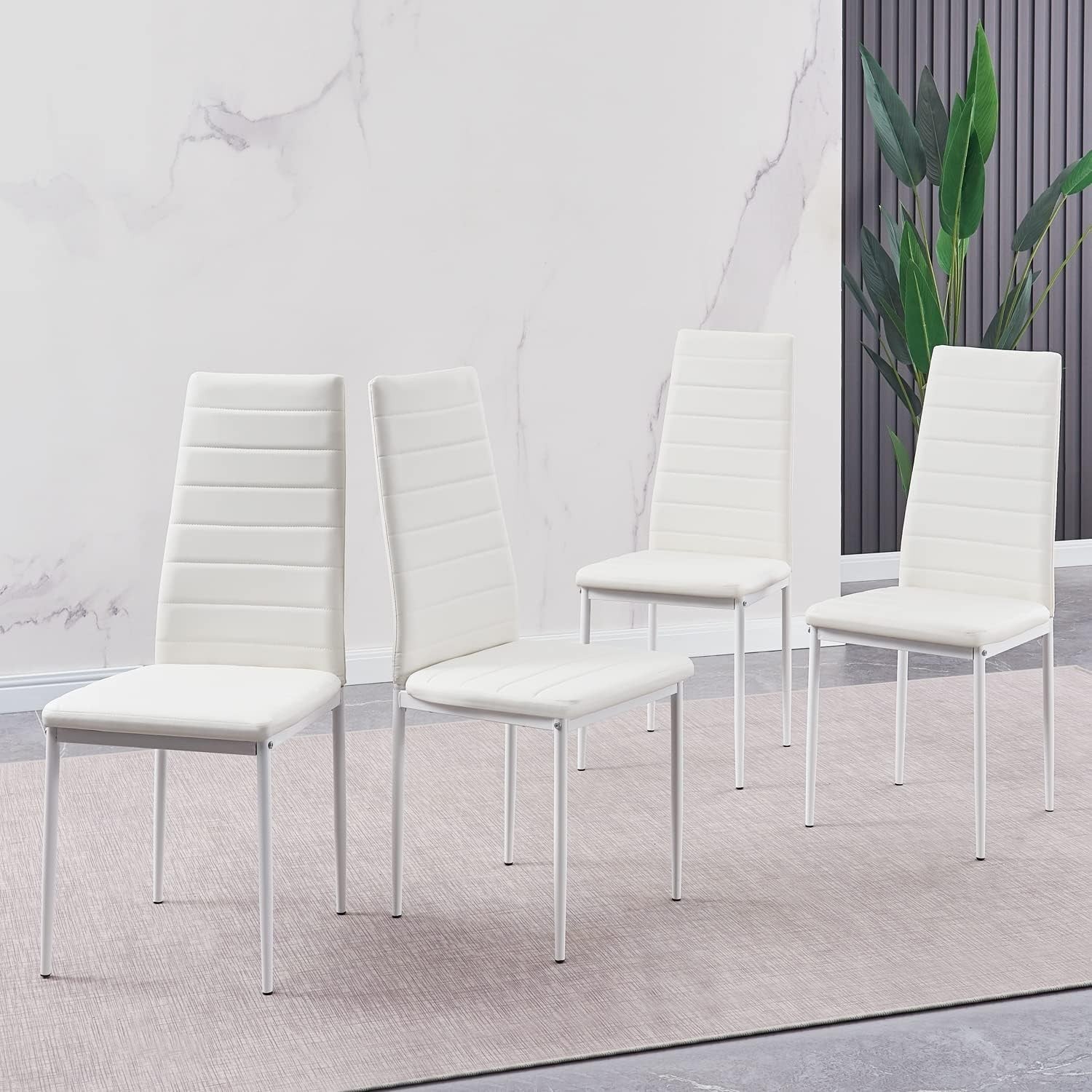 5 Piece Marble Glass Dining Table Set with 4 White Chairs for Kitchen