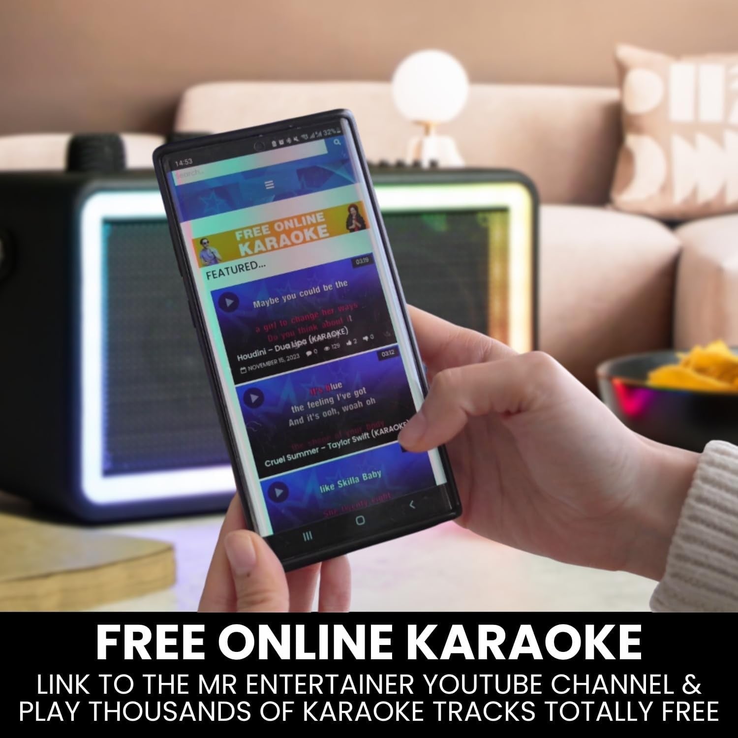 Karaoke Machine Portable Speaker 2 Wireless Mics LED Lights Kids Teens